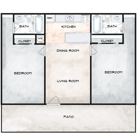 Floor plan for 2 beds, 2 baths, 735 sqft